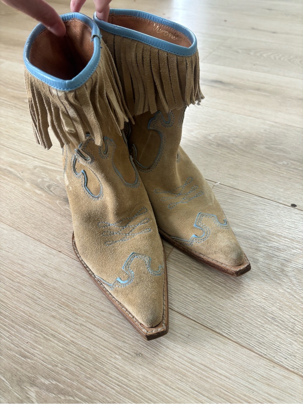 Fringe Genuine Suede Western Ankle Cowgirl Boots Tan with Blue Trim